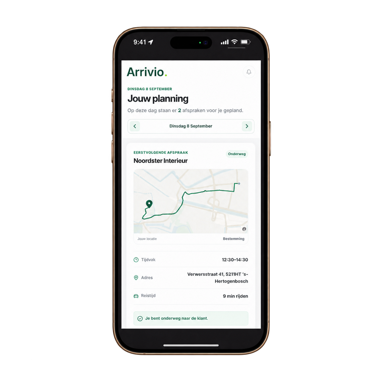 ARRIVIO medewerker-app met route naar de volgende afspraak