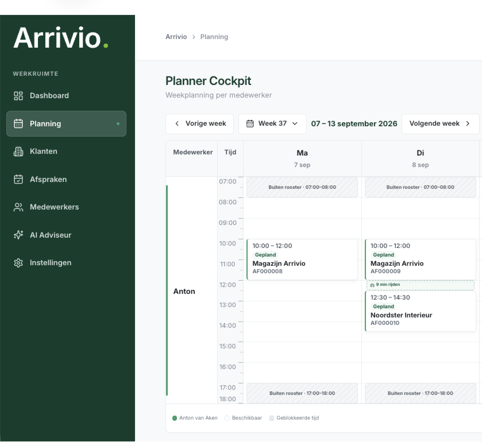 Planningsoverzicht met afspraken op maandag en dinsdag