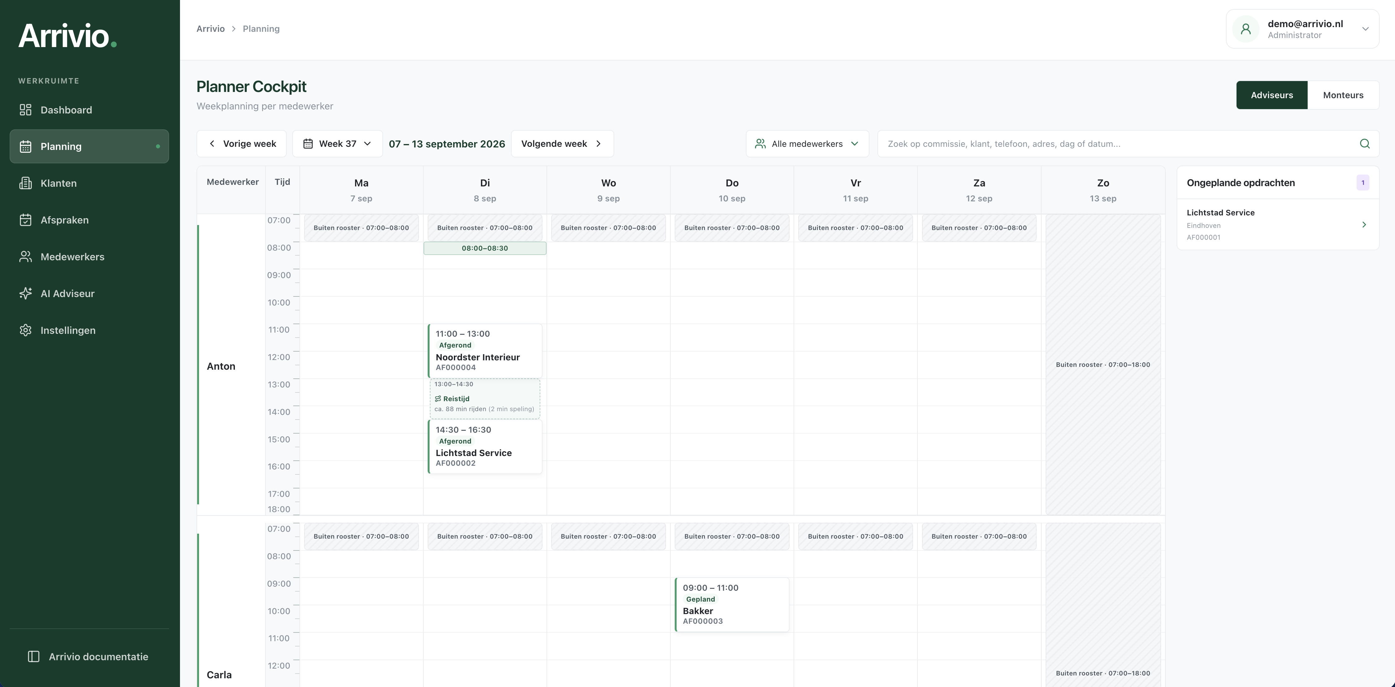ARRIVIO planningsoverzicht